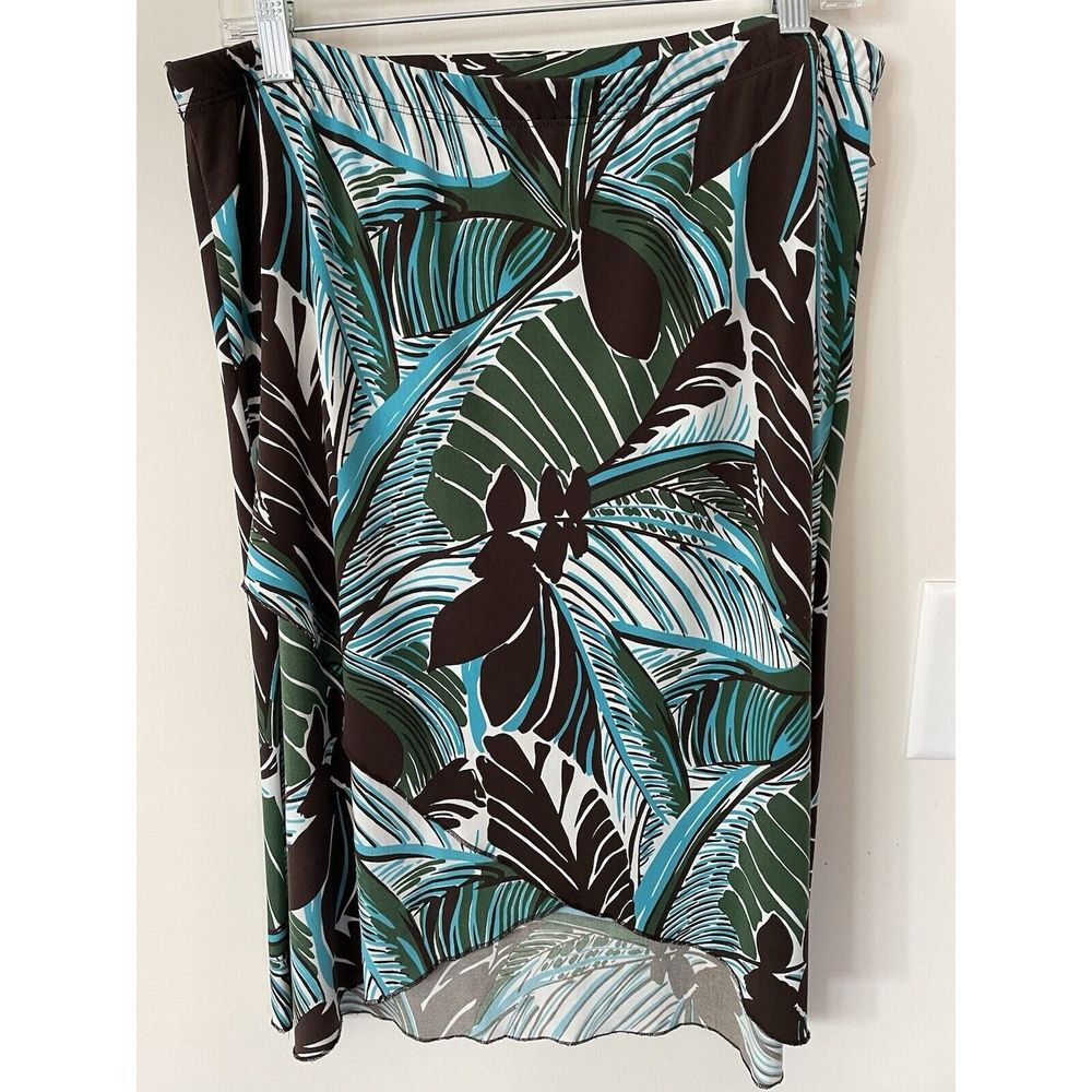 Merona Womens Green Turquoise Brown Tropical Fern Stretch Faux Wrap Skirt Size L